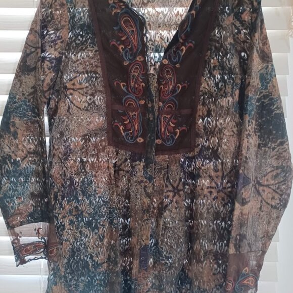 Coldwater Creek Women’s PM Petite Medium Embroidered Paisley Boho Top Sheer - Picture 8 of 10